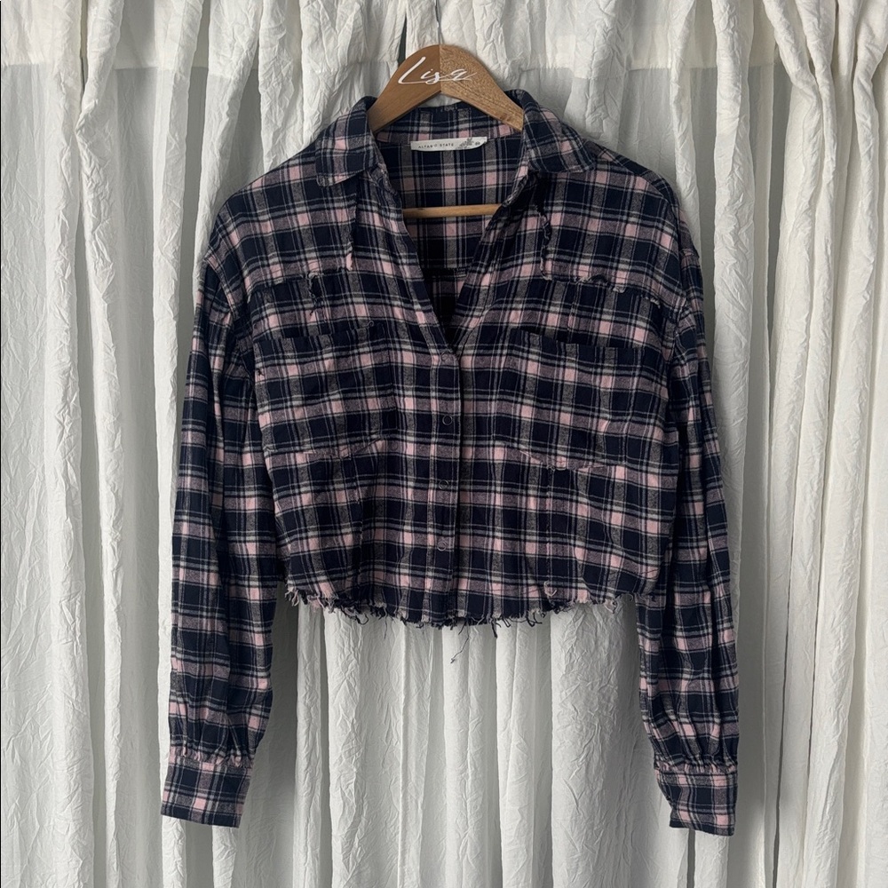 Altar'd State Pink and Black Plaid Top